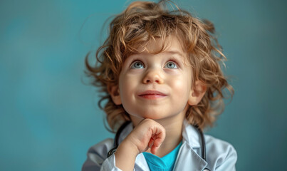 A cute child boy doctor is looking thoughtful