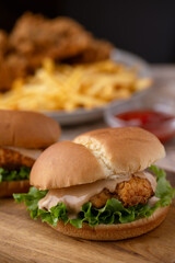 fried chicken, chicken sandwich and fries