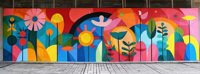 A whimsical, colorful street mural depicting stylized floral and botanical illustrations, evoking a sense of joy and playfulness against an urban backdrop.