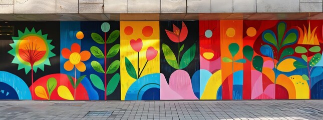 A whimsical, colorful street mural depicting stylized floral and botanical illustrations, evoking a sense of joy and playfulness against an urban backdrop. - obrazy, fototapety, plakaty