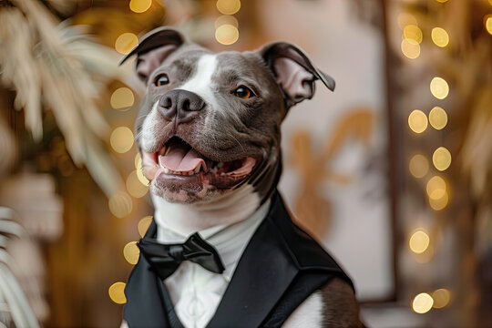 dog wearing a tuxedo and bow tie