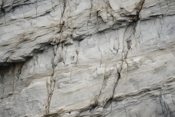 Fototapeta premium Light gray beige yellow ochre aged shabby cliff face divided by huge cracks and layers. Coarse rough gray stone or rock texture of mountains, Background banner and copy space for text on theme geology