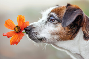 jack russell terrier puppy sniffing a flower - obrazy, fototapety, plakaty