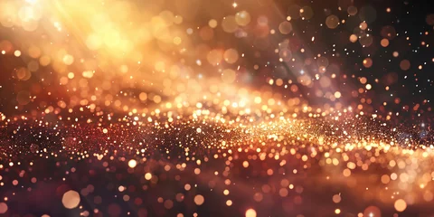 Deurstickers Abstract dark brown and gold particle backdrop. Christmas golden light shed bokeh particles over a background of black. Gold foil appearance. holiday idea, gold glitter minimalist y2k aesthetic © SappiStudio