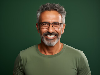 Retrato de un hombre latino maduro, con canas, sonriendo, con apariencia saludable y vitalidad, usando una camisa blanca y gafas, posando en un estudio fotográfico con fondo de color