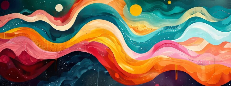 A captivating mural painted with sinuous, wave-like forms in a gradient of warm and cool hues, highlighted by celestial motifs and dynamic splashes of color.
