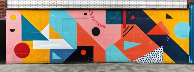 A vibrant abstract mural on an urban wall with geometric and organic shapes in a symphony of orange, blue, pink, and yellow hues, infusing the street with creativity.