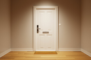Modern White Panel Door with Electronic Lock and Welcome Mat at Home Entryway