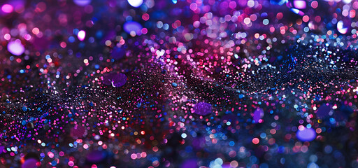 Abstract background with dark blue and purple particles. Christmas Golden light shine particles bokeh on a navy blue violet background foil texture. Decoration twinkle Holiday concept y2k aesthetic