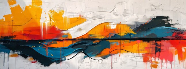 A dynamic abstract mural featuring a fusion of vibrant orange, red, blue, and yellow hues, complemented by a spontaneous array of drips, splatters, and crackling textures.