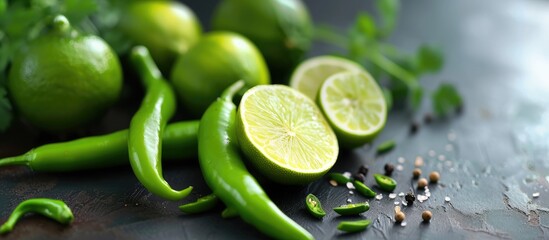 Green peppers and limes on a table, fresh vegetables and fruits, Mediterranean, vegan, vegetarian, slimming, and healthy food options wallpaper - obrazy, fototapety, plakaty