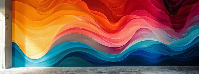 A visually stunning mural depicting layered waves in a gradient of colors transitioning from warm yellow to deep blue, evoking a sense of fluid motion and harmony. - obrazy, fototapety, plakaty