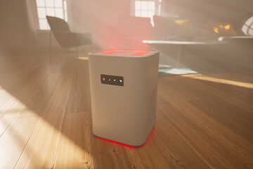 Sleek Portable Air Purifier Under Sunlight in Contemporary Home Setting