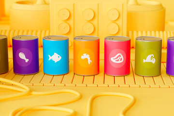 Vibrant Assembly of Canned Goods on a Sunny Yellow Toy Conveyor Belt
