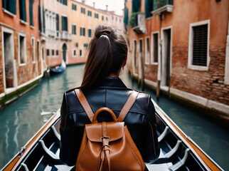 Rear view of a woman in a gondola in Venice's canals. Vacation in Italy - obrazy, fototapety, plakaty