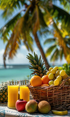 Wicker Basket Overflowing with Colorful Fruits, Refreshing Orange Juice, and a Tranquil Ocean View