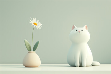 Minimalistic White Cat and Daisy Illustration