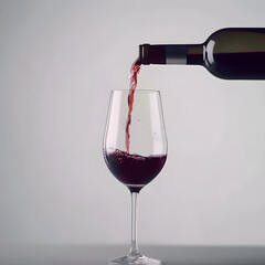 A bottle of wine is being poured into a wine glass, transferring the alcoholic beverage from the bottle to the stemware drinkware on the table