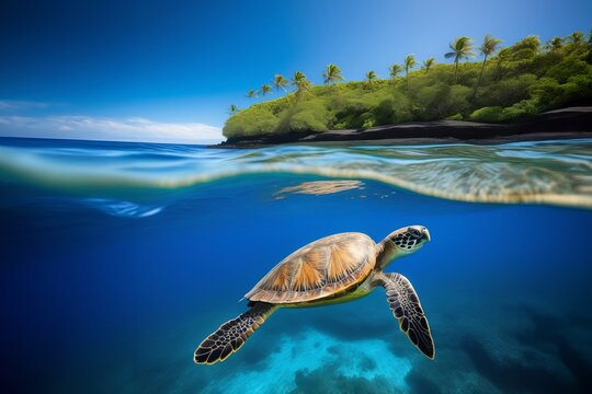 Generated image a turtle swimming in the ocean with a small island in the background, landscape shot, splash image, shallow depth, tourism banner concept 