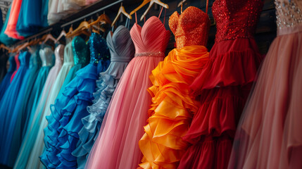 Many Colorful Elegant Formal Dresses on Hangers and for Sale in Luxury Shop or Boutique. Prom Gown, Wedding, Evening, Bridesmaid Dresses.