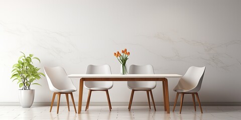 Fototapeta na wymiar Simplistic dining area with marble table and white base.