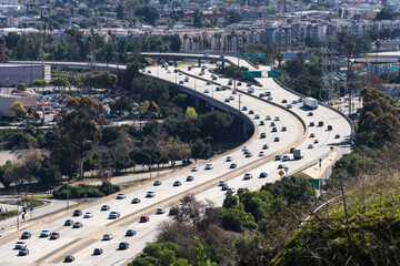 View of the Golden State Interstate 5 freeway near the Pasadena 110 freeway interchange in Los...
