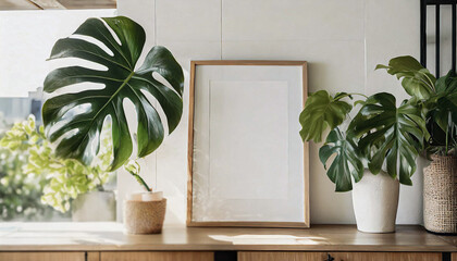 closeup,mockup frame in home interior background,tropical plant,3d rendering
