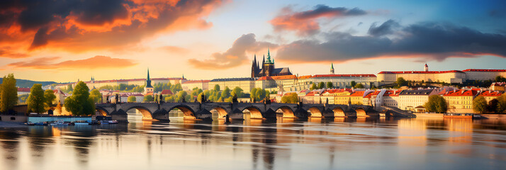 Breathtaking Panorama of Prague: A Mesmerizing Fusion of Traditional and Modern Architecture at Sunset - obrazy, fototapety, plakaty