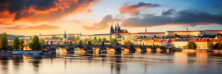 Tuinposter Breathtaking Panorama of Prague: A Mesmerizing Fusion of Traditional and Modern Architecture at Sunset © Della