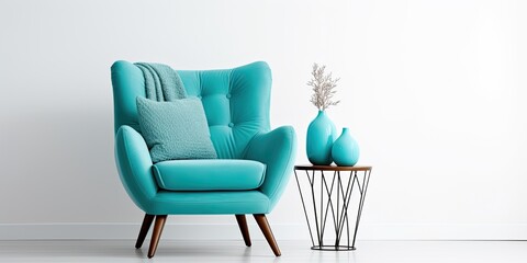 Turquoise wingback armchair with pillow and wooden feet, isolated on white.