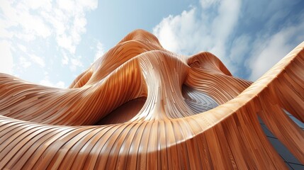 3D rendering of an abstract building with a wooden facade pattern on a blue sky background. flowing shapes smooth architecture