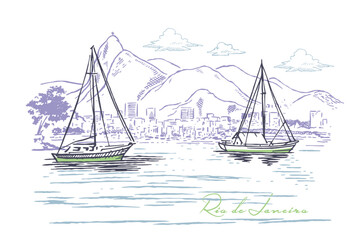 Vector illustration of boats with Rio de Janeiro landscape in the background. Drawing in stripped lines.