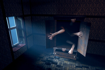 Eerie Hands Reaching from an Antique Wardrobe in a Shadowy Vintage Room