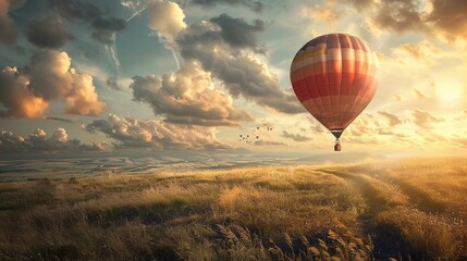 A large red hot air balloon with yellow, white, and black stripes floats in a golden sunset sky filled with fluffy clouds. The sun is low on the horizon, casting a warm light and creating long shadows