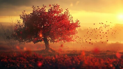 A solitary tree with red leaves stands in a field bathed in the warm glow of a sunset. The sky is a gradient of yellow to orange hues, suggesting it is either sunrise or sunset. Leaves appear to be ge - Powered by Adobe