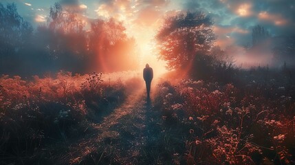 The image features a breathtaking scene of a person standing in the middle of a forested path, with the sun setting or rising directly in front of them, casting a warm and ethereal glow over the lands