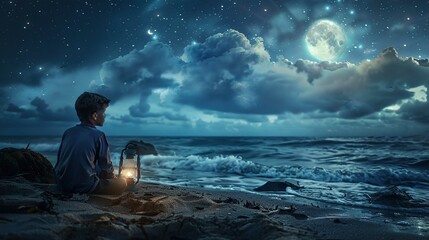 A young boy is sitting on a sandy beach at night, holding an illuminated lantern. He faces away from the viewer, looking towards a turbulent sea under a night sky filled with stars. The full moon shin - obrazy, fototapety, plakaty