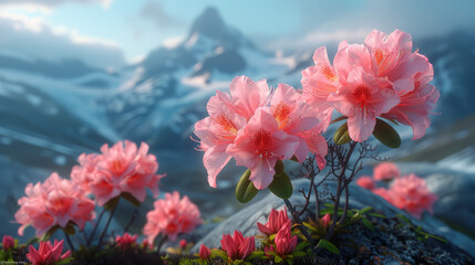 Magic pink rhododendron flowers on summer mountain.