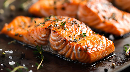 the freshness of thyme leaves sprinkled over a succulent grilled salmon fillet - obrazy, fototapety, plakaty