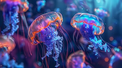 A jellyfish swimming in the ocean, in the style of glowing colors. Generated by artificial intelligence.