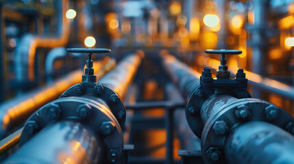 Close-up of the pipeline and pipe rack in an industrial plant handling petroleum, chemical, hydrogen, or ammonia with lights seen in the background - obrazy, fototapety, plakaty