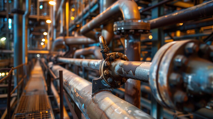 A detailed view of the rusty pipeline and pipe rack within an industrial facility designed for the transportation of petroleum, chemicals, hydrogen, or ammonia