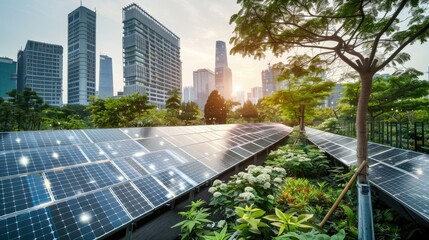 Solar panels contrast with the lush urban landscape. Emphasis on sustainable energy practices