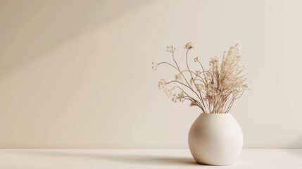 Minimalistic natural background, beige rounded vase with dried flowers and plants, clean wall with copy space, asymmetric composition