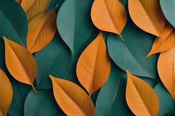 Textured yellow and green leaves background, top view wallpaper, fall season transition