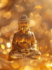 A golden Buddha statue in a golden background, clear, cute and dreamy, sparkling, I can't believe how beautiful this is, poolcore, copy space - generative ai