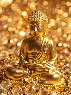 A golden Buddha statue in a golden background, clear, cute and dreamy, sparkling, I can't believe how beautiful this is, poolcore, copy space - generative ai