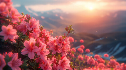 Magic pink rhododendron flowers on summer mountain.