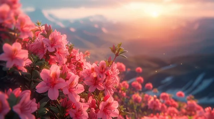 Fototapete Rund Magic pink rhododendron flowers on summer mountain. © Matthew