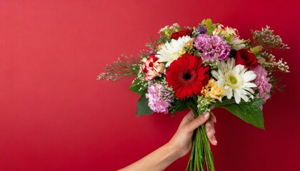 Female hand with bouquet of beautiful flowers on red color background, text space